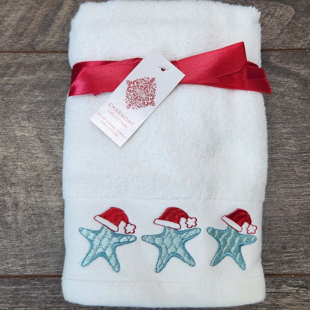 Charmont Collection Christmas Set 2 Hand Towels Coastal Starfish Santa Hat White